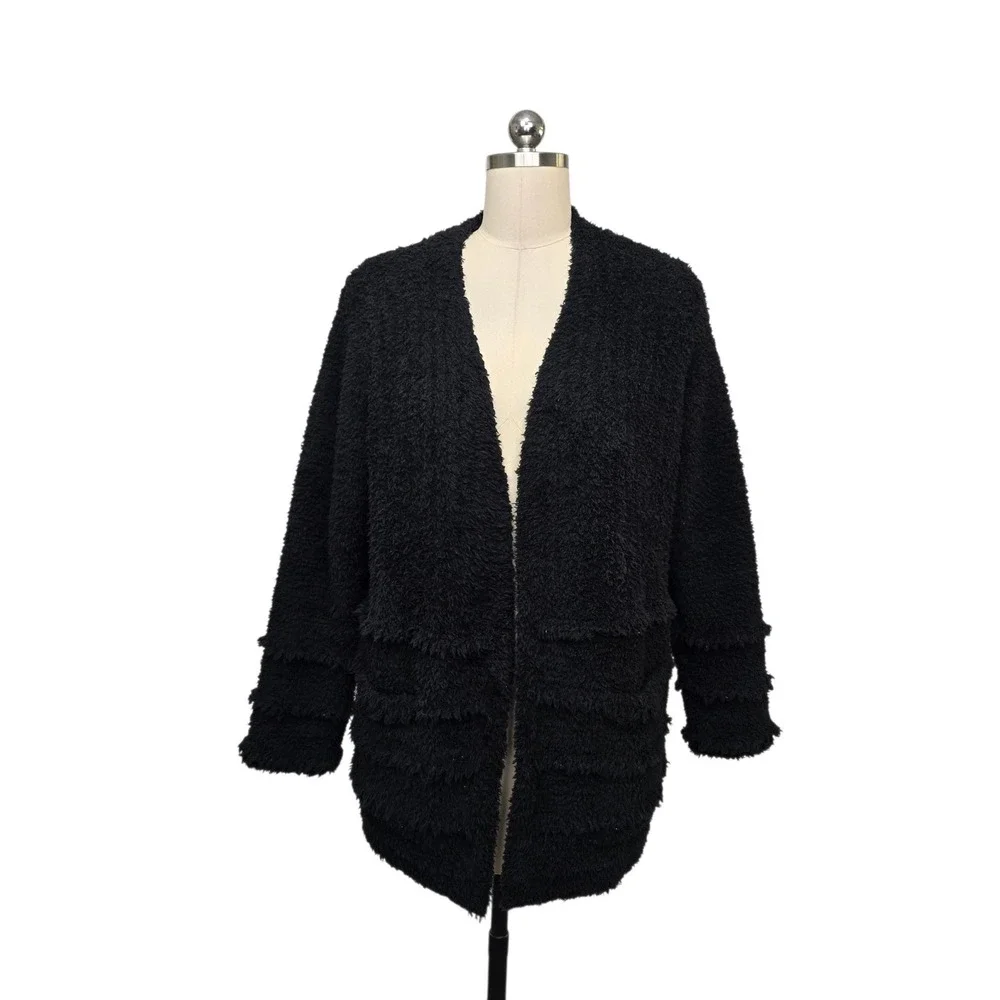 Barefoot Dreams CozyChic Black Tiered Fringe Cardigan Women's Size Medium